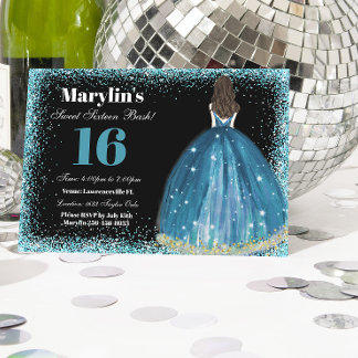 Turquoise Glitter Princess Sweet 16 Ballgown Invitation