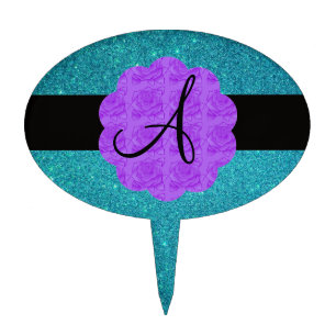 Turquoise glitter purple roses monogram cake topper