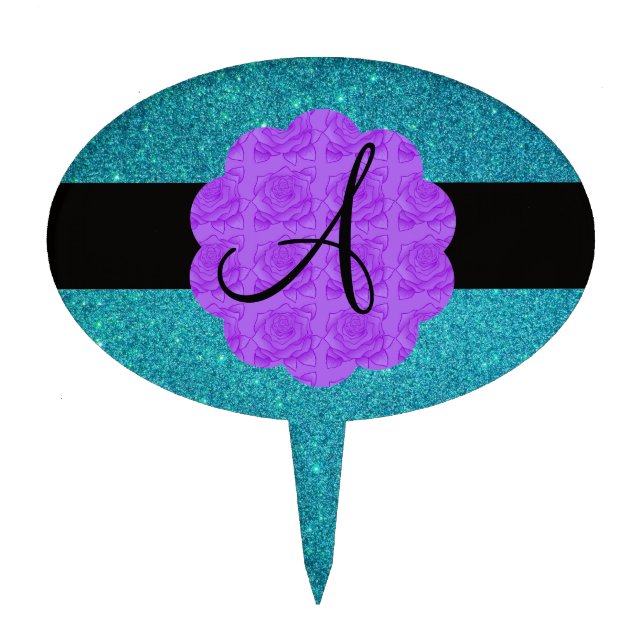 Turquoise glitter purple roses monogram cake topper (Front)