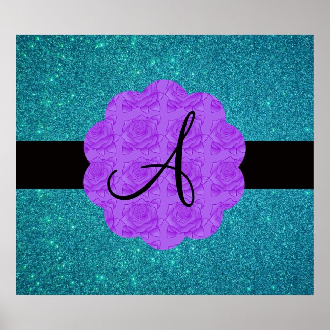 Turquoise glitter purple roses monogram poster (Front)