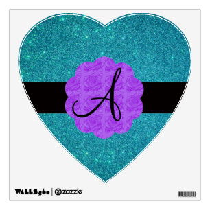 Turquoise glitter purple roses monogram wall decal