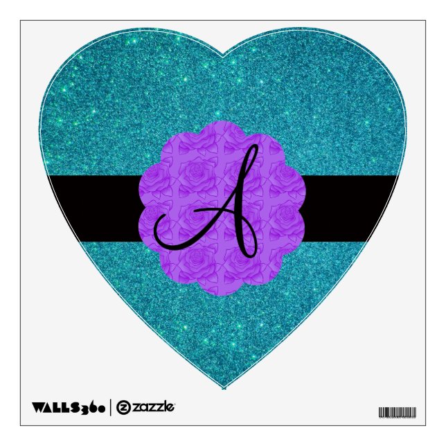 Turquoise glitter purple roses monogram wall decal (Front)