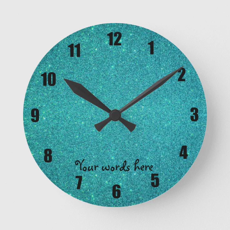 Turquoise glitter round clock | Zazzle