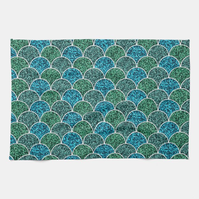 Turquoise Glitter Scales Pattern Kitchen Towel (Horizontal)