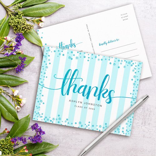 Turquoise glitter script chic graduation thank you postcard