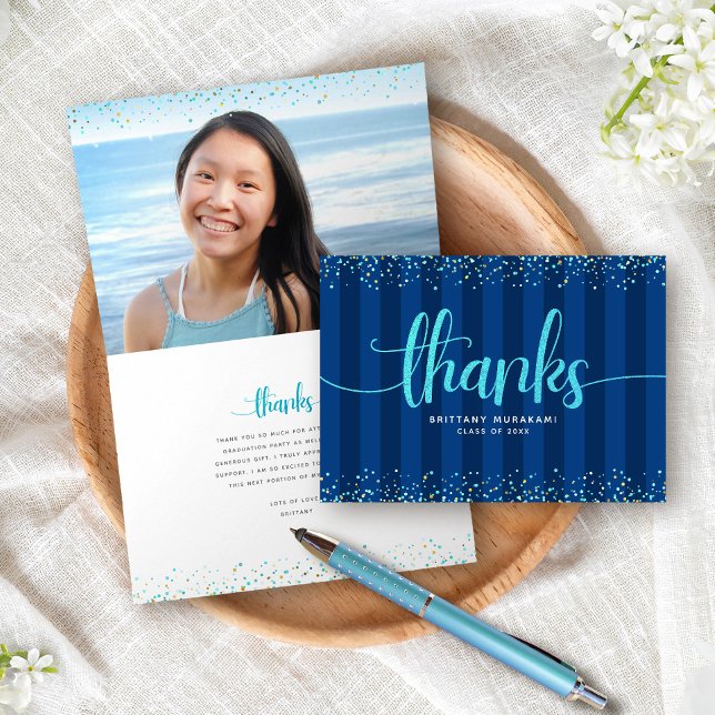 Turquoise glitter script grad photo navy stripes letterpress thank you card (Creator Uploaded)