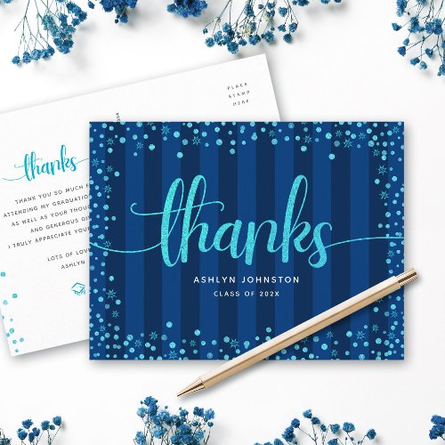 Turquoise glitter script graduation navy thank you postcard