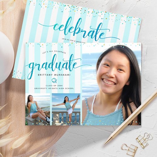 Turquoise glitter script graduation photo collage invitation