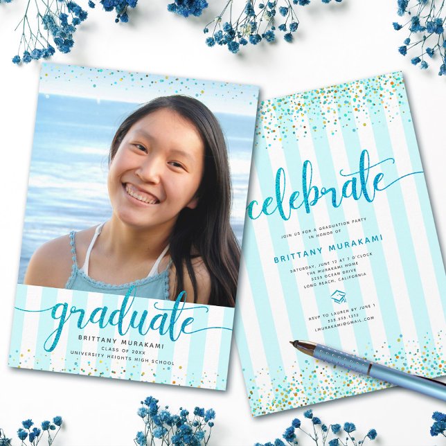 Turquoise glitter script graduation photo modern invitation (Creator Uploaded)