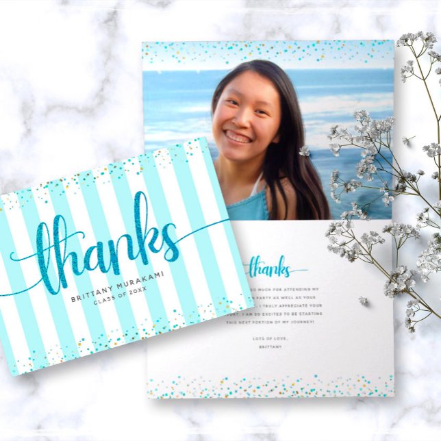 Turquoise glitter script modern graduation photo letterpress thank you card (Creator Uploaded)