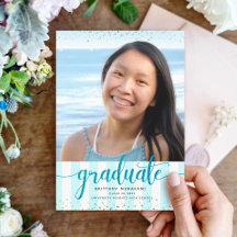 Turquoise glitter script photo graduation modern