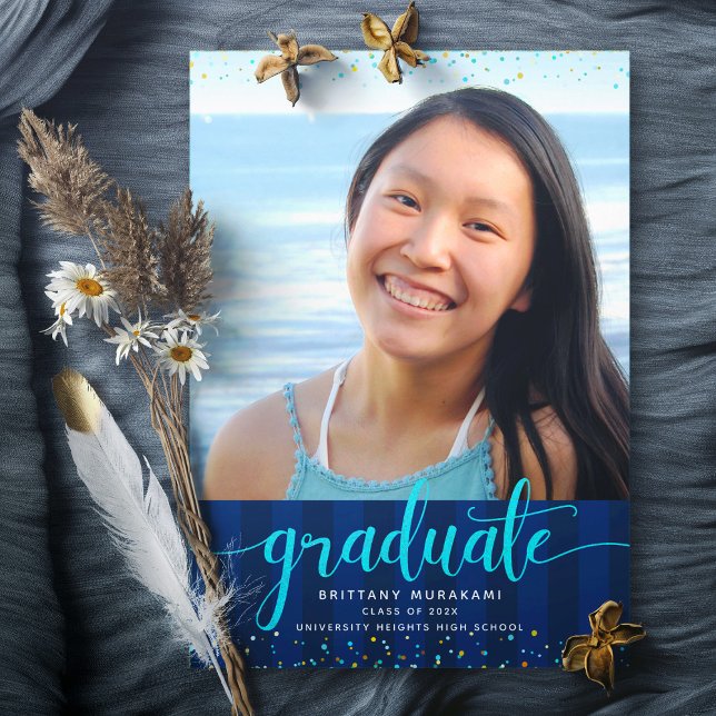Turquoise glitter script photo graduation on navy announcement (Creator Uploaded)