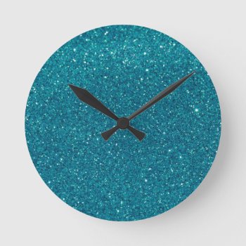 Turquoise Glitter Sparkles Round Clock by RosaAzulStudio at Zazzle
