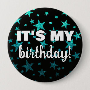 Turquoise Glitter Stars Confetti It's My Birthday Button