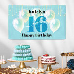 Turquoise Glitter Sweet 16 Birthday Balloon Script Banner<br><div class="desc">“Happy Sweet 16”. Celebrate her birthday with this stunning, simple, festive, modern, personalized banner. Bold, graphic, black typography and white handwritten script overlay a bright turquoise blue glitter “16”, turquoise green balloons and gold sparkly string lights on a soft turquoise background. Personalize the custom text with your daughter’s name. Great...</div>