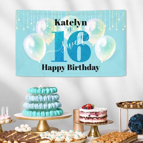 Turquoise Glitter Sweet 16 Birthday Balloon Script Banner