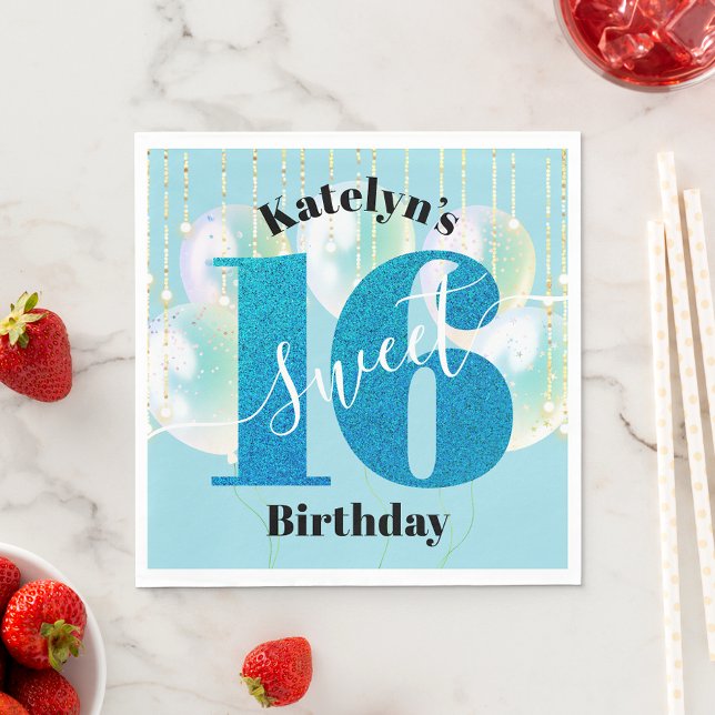 Turquoise Glitter Sweet 16 Birthday Balloon Script Napkins (Creator Uploaded)