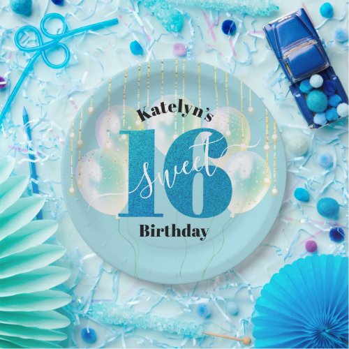 Turquoise Glitter Sweet 16 Birthday Balloon Script Paper Plates