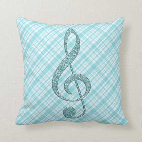 Turquoise Glitter Treble Clef on Turquoise Plaid Throw Pillow