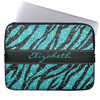 Turquoise Glitter Zebra Print Monogram Laptop Sleeve by ProfessionalDevelopm at Zazzle