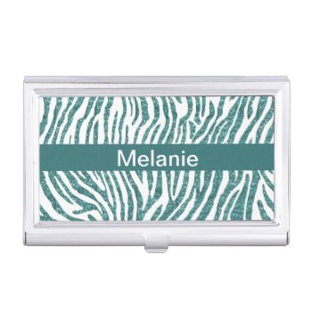 Turquoise  Glitter Zebra Stripe Monogram Case For Business Cards by ProfessionalDevelopm at Zazzle