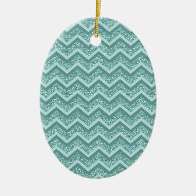 Turquoise Glitter ZigZag Pattern Ceramic Ornament (Front)