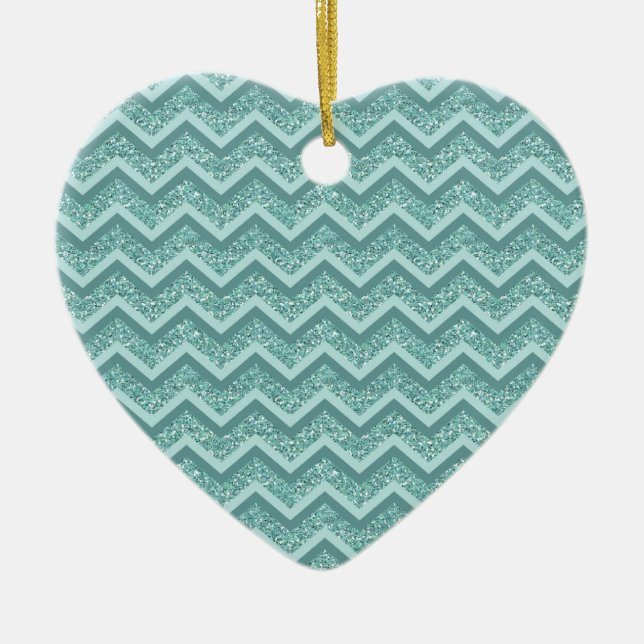 Turquoise Glitter ZigZag Pattern Ceramic Ornament (Front)