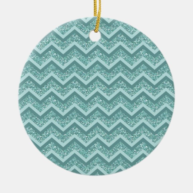 Turquoise Glitter ZigZag Pattern Ceramic Ornament (Front)