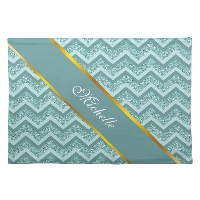 Turquoise Glitter ZigZag Pattern Cloth Placemat (Front)