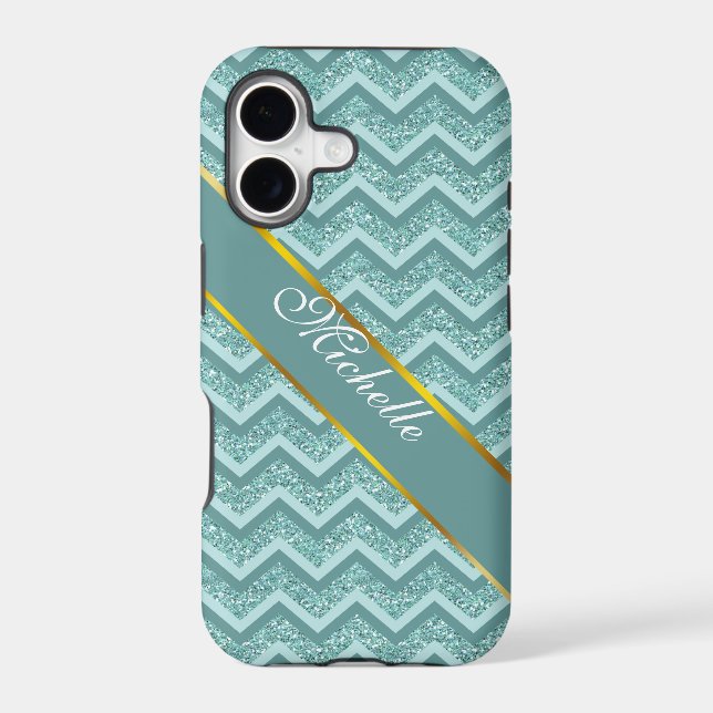 Turquoise Glitter ZigZag Pattern Iphone Case (Back)