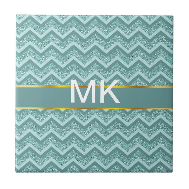 Turquoise Glitter ZigZag Pattern Tile (Front)