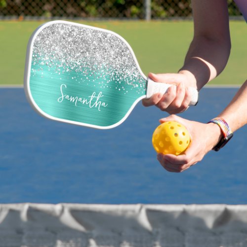 Turquoise Glittery Silver Glam Script Name Pickleball Paddle