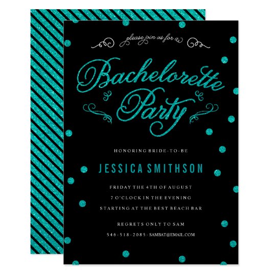 Turquoise Glitz & Glitter Black Bachelorette Party Invitation | Zazzle.com