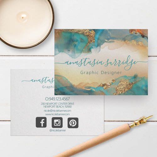 Turquoise Gold Abstract Watercolor Business Card