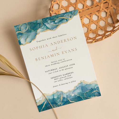 Turquoise Gold Agate Modern Wedding Invitation