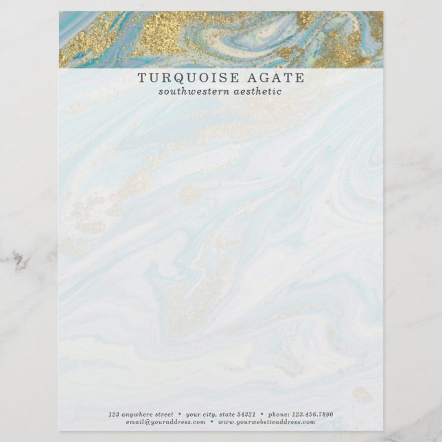 Turquoise & Gold Agate Stone Geode Marble Swirl Letterhead (Front)
