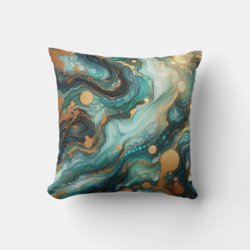 Turquoise + Gold Alcohol Ink Marble Throw Pillow