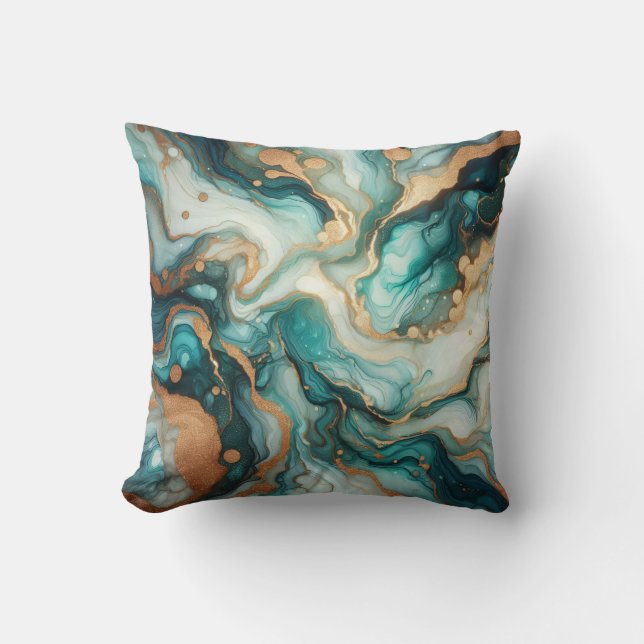Turquoise + Gold Alcohol Ink Marble Throw Pillow (Front)