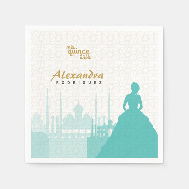 Turquoise & Gold Arabian Quinceañera Napkins (Front)