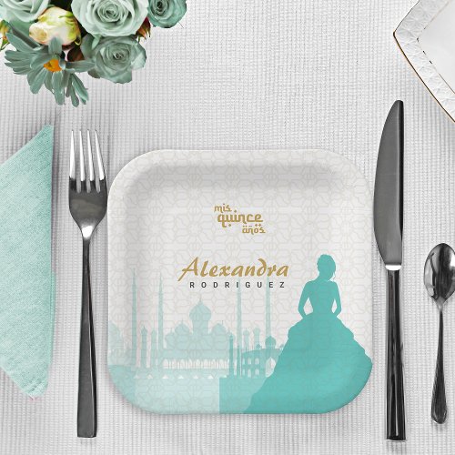 Turquoise  Gold Arabian Quinceaera Paper Plates