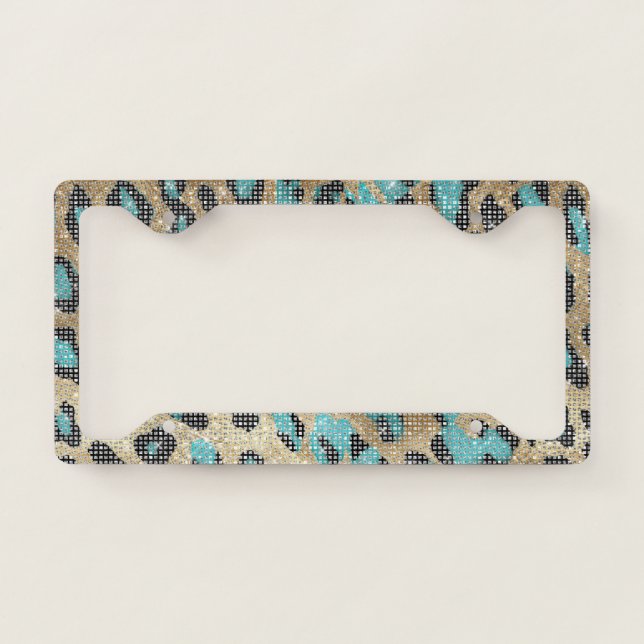 Turquoise Gold Black Leopard Animal Print Sparkle License Plate Frame (Front)
