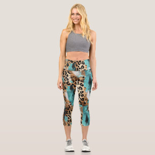 Turquoise Gold Black Leopard Capri Leggings
