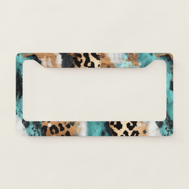 Turquoise Gold Black Leopard License Plate Frame (Front)