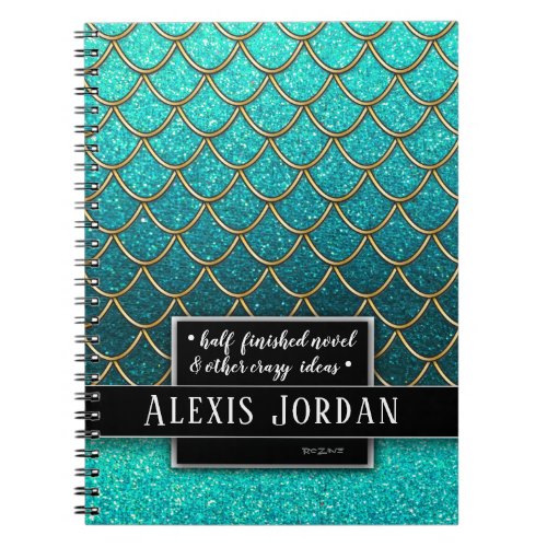 Turquoise Gold Black Ombre Glitter Mermaid Ocean Notebook