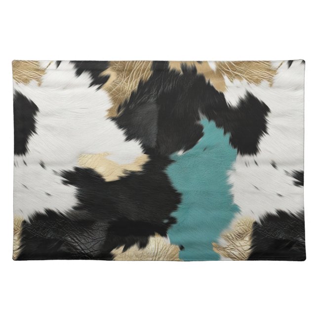 Turquoise Gold, Black White Cowhide Cloth Placemat (Front)