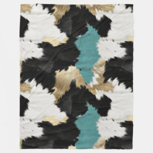 Turquoise Gold, Black White Cowhide Fleece Blanket
