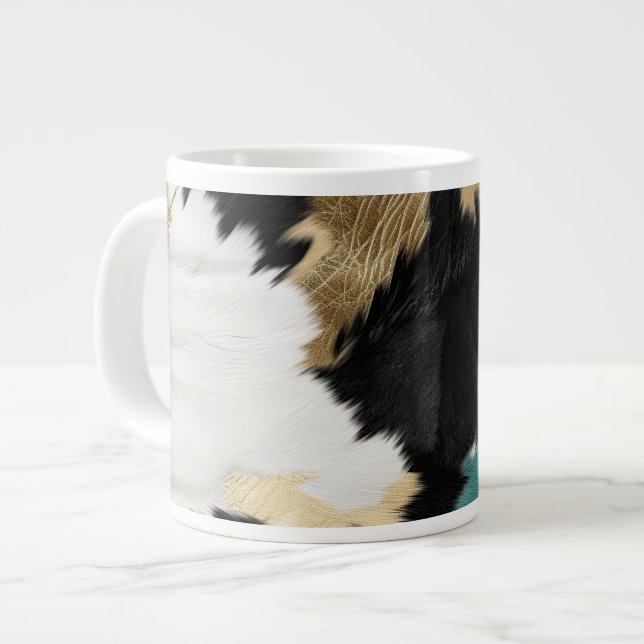Turquoise Gold, Black White Cowhide Giant Coffee Mug (Front Left)