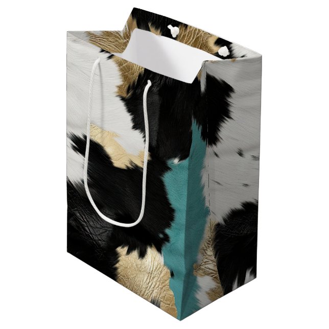 Turquoise Gold, Black White Cowhide Medium Gift Bag (Front Angled)