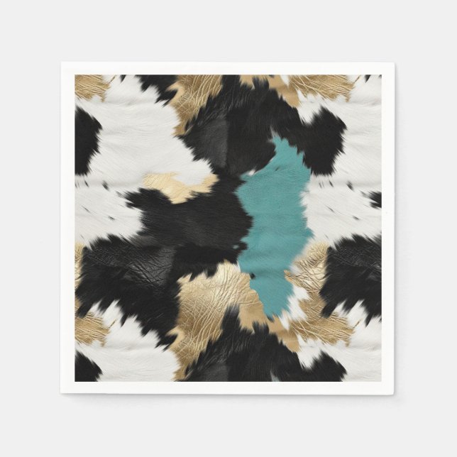 Turquoise Gold, Black White Cowhide Napkins (Front)