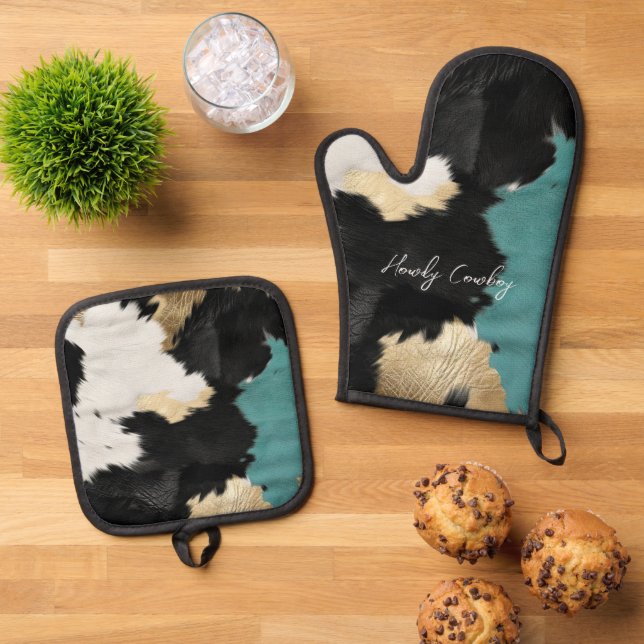 Turquoise Gold, Black White Cowhide Oven Mitt & Pot Holder Set (Top Down)